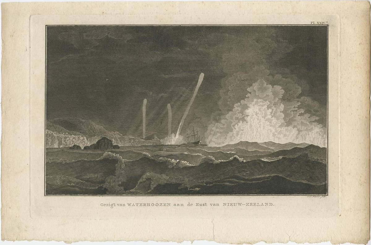 Antique Print of Three Whirlwinds and a Ship off the Coast of New Zealand, 1803