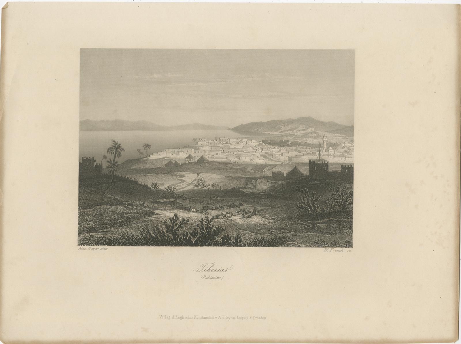 Description: Antique print titled 'Tiberias (Palästina)'. 

View of Tiberias (Palestina).

Tiberias is an Israeli city on the western shore of the Sea of Galilee. Established around 20 CE, it was named in honour of the second emperor of the