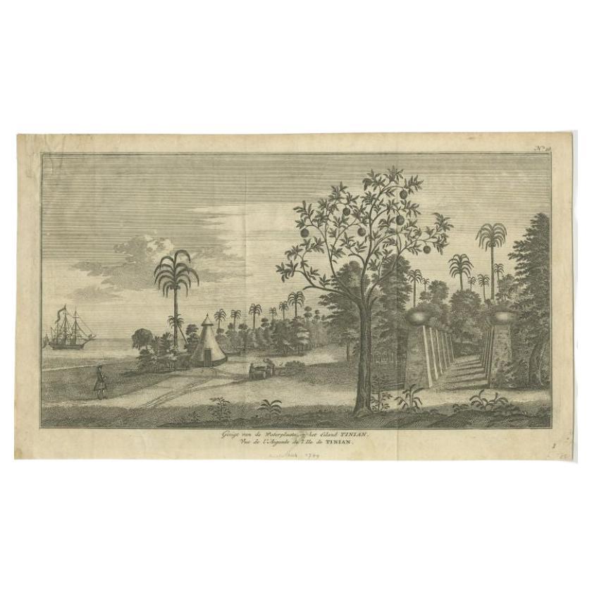 Impression ancienne de l'île de Tinian par Anson, 1749