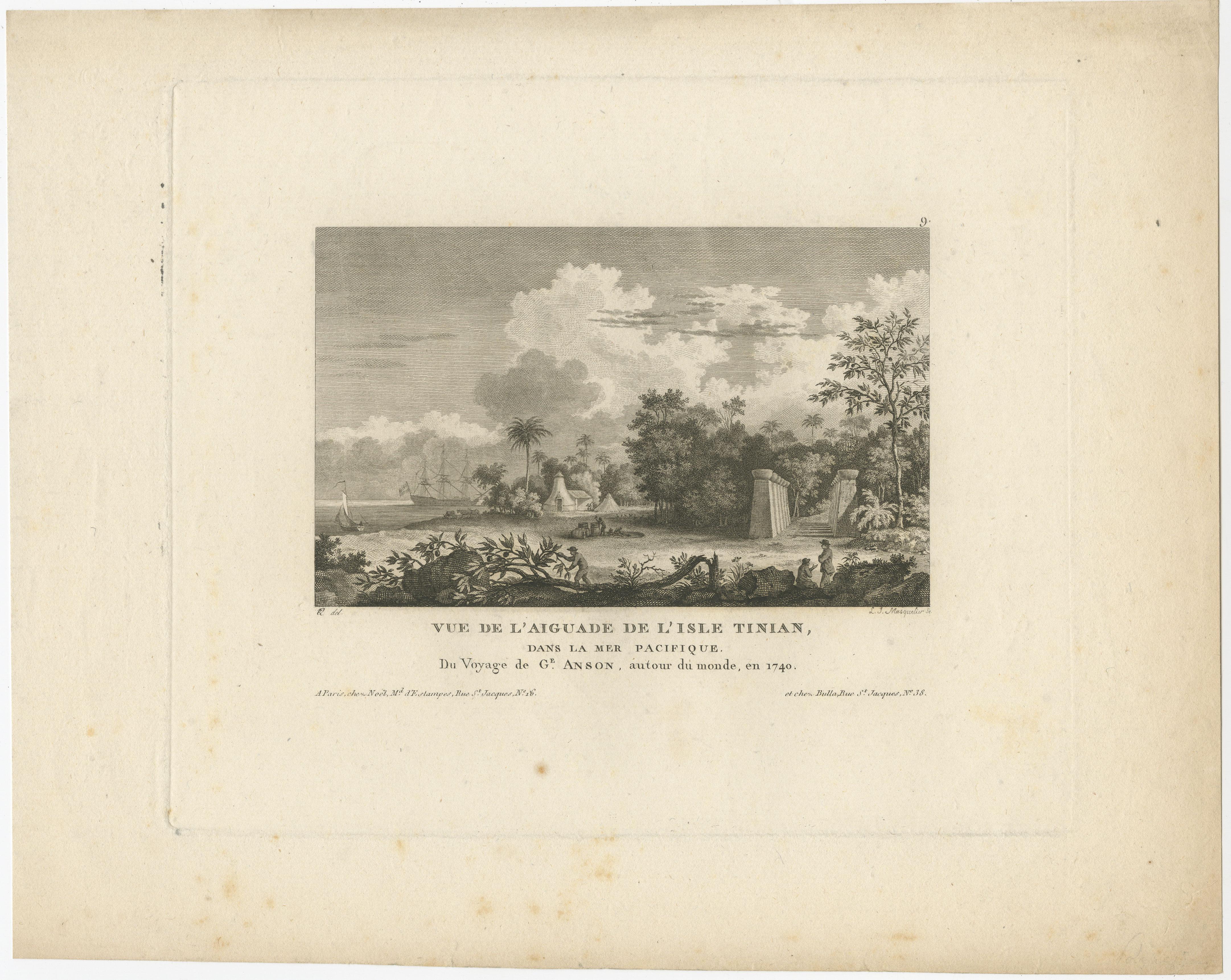 Antique print titled 'Vue de l'Aiguade de l'isle Tinian.View of Tinian recorded during the journey of Lord George Anson, Mariana Islands. This print originates from 'Morgenblatt für gebildete Stände'. Published circa 1830.