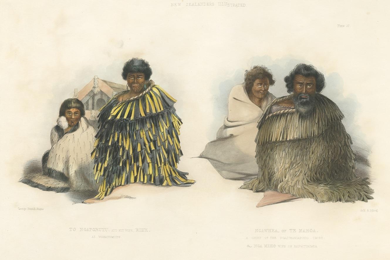Original Old Print of To Ngaporutu and Ngawhea of Te Mahoa, New Zealand, 1847 In Good Condition For Sale In Langweer, NL