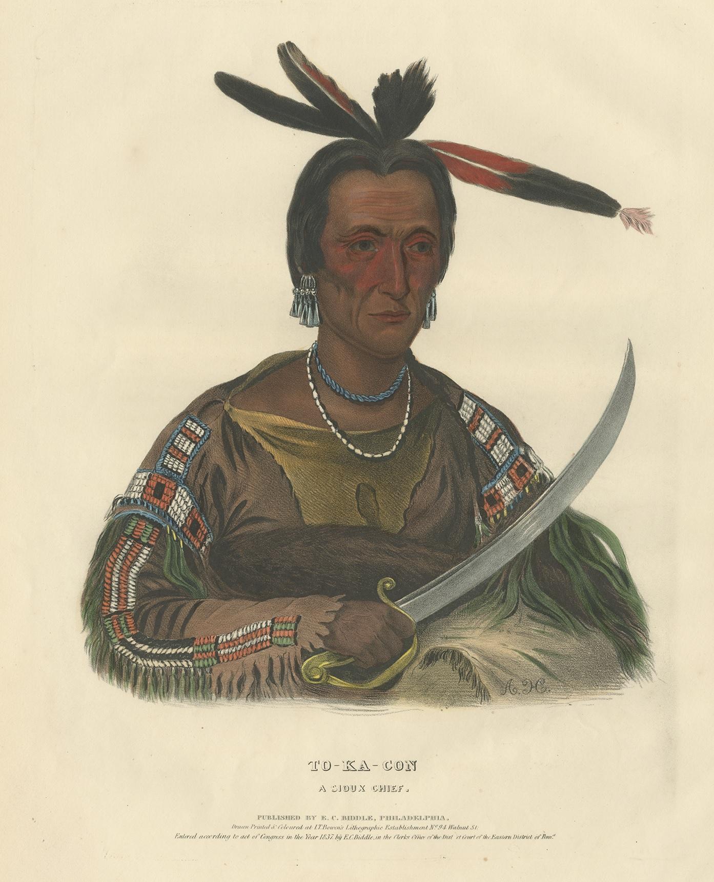 Antique print titled 'To-Ka-Con a Sioux Chief'. Large hand-colored lithograph of Tokacou, a Yankton Sioux warrior and a member of the tribal police force. This print originates from 'History of the Indian Tribes of North America' by Thomas L.
