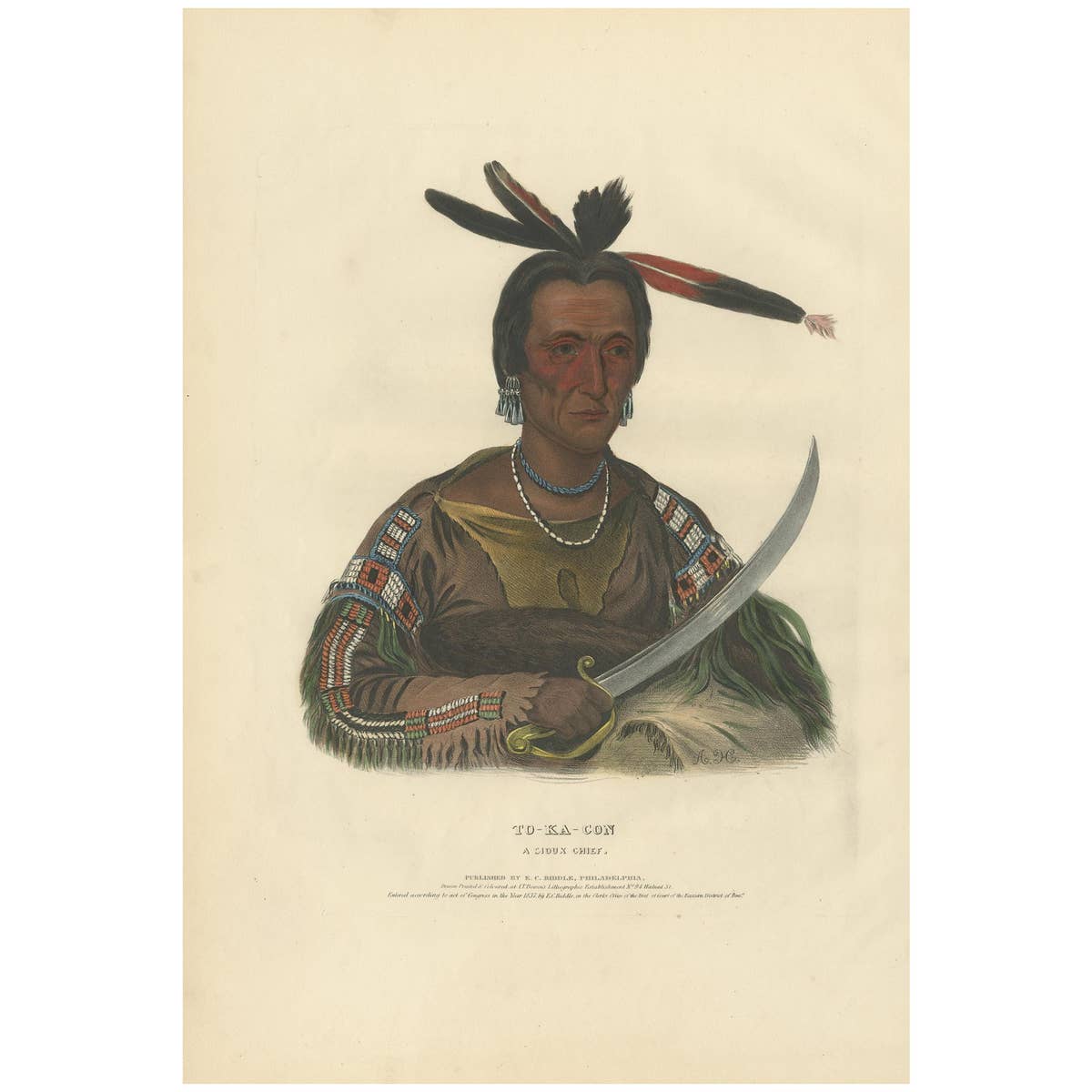 Antique Print of Tokacou 'Yankton Sioux Warrior' by McKenney, 1836