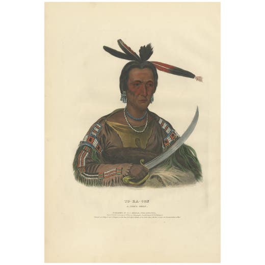 Antique Print of Tokacou 'Yankton Sioux Warrior' by McKenney, 1836
