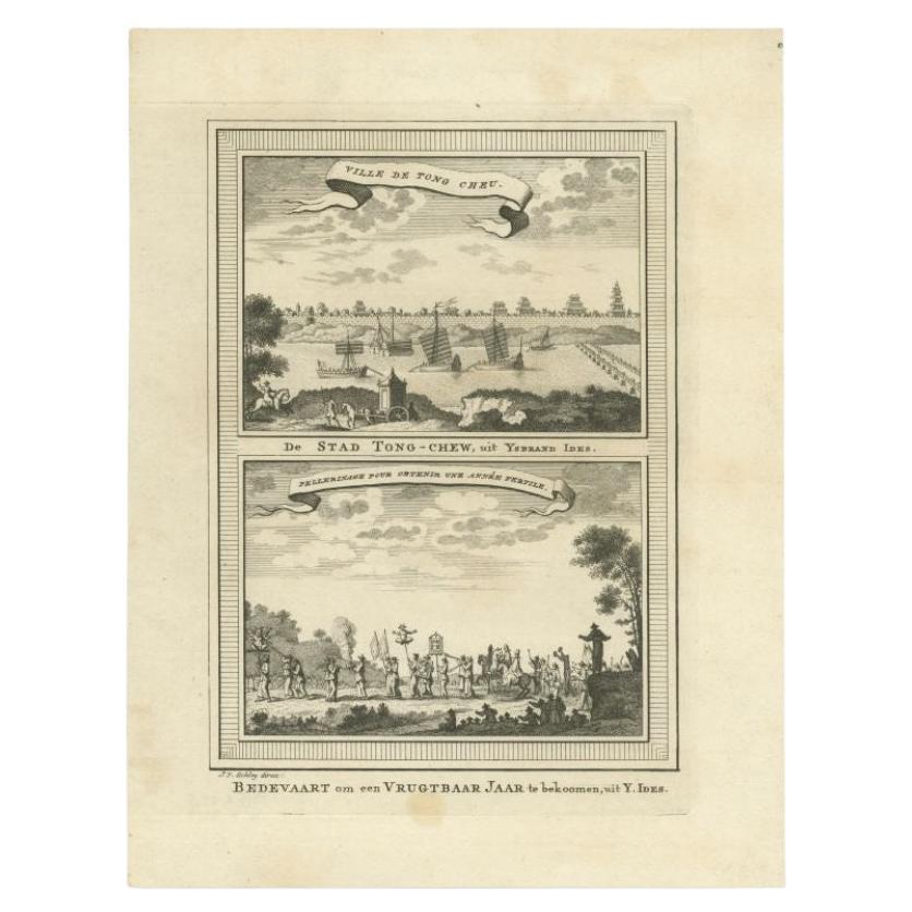 Antique Print of Tongzhou and a Pilgrimage by Van Schley, 1749 For Sale