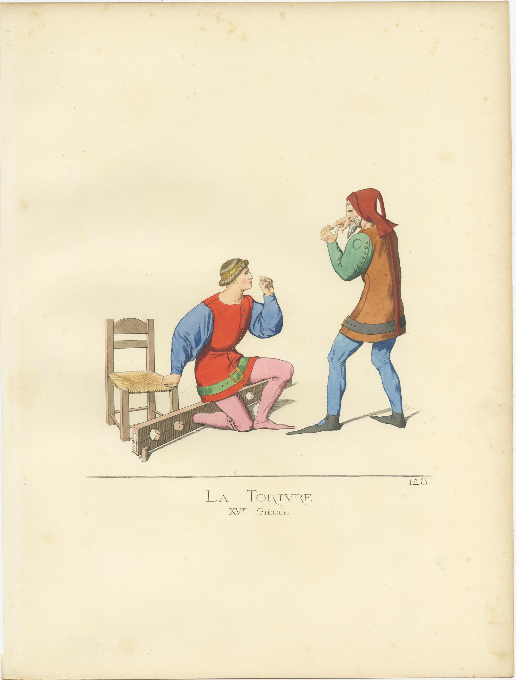 Antique print titled ‘La Torture, XVe Siecle.’ Original antique print of torture/punishment. This print originates from 'Costumes historiques de femmes du XIII, XIV et XV siècle' by C. Bonnard. Published, 1860.