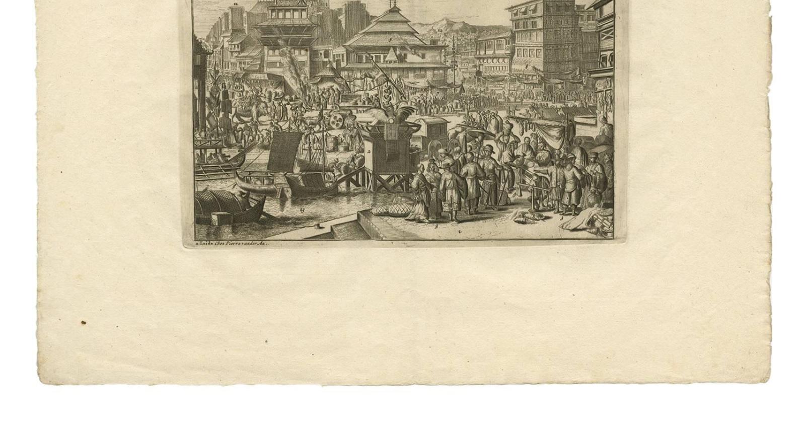 Rare antique print, in this scene: 1. Market in Bantam, Java, Indonesia. 2, Toll house. 3. Chinese Javanese with merchandise. 4. Weight. 5. Spices. 6. Fruit. 7. Domestic objects. 8. Court street with booths / stalls. 9. Mosque. 11. Castle. 12. City.