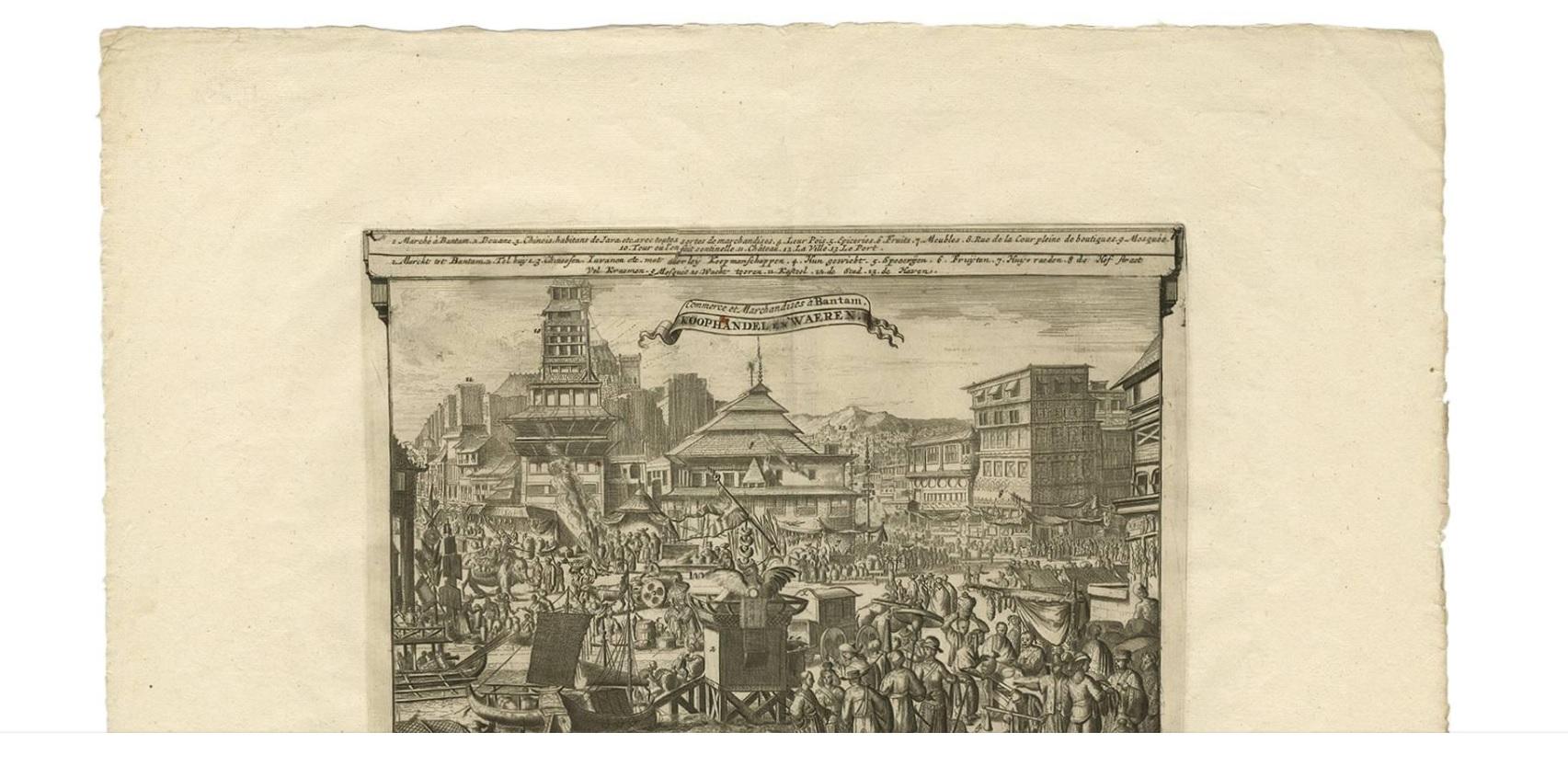 Impression ancienne d'articles de commerce et de marchandises à Bantam, Indonésie, par P. Van Der Aa Bon état - En vente à Langweer, NL