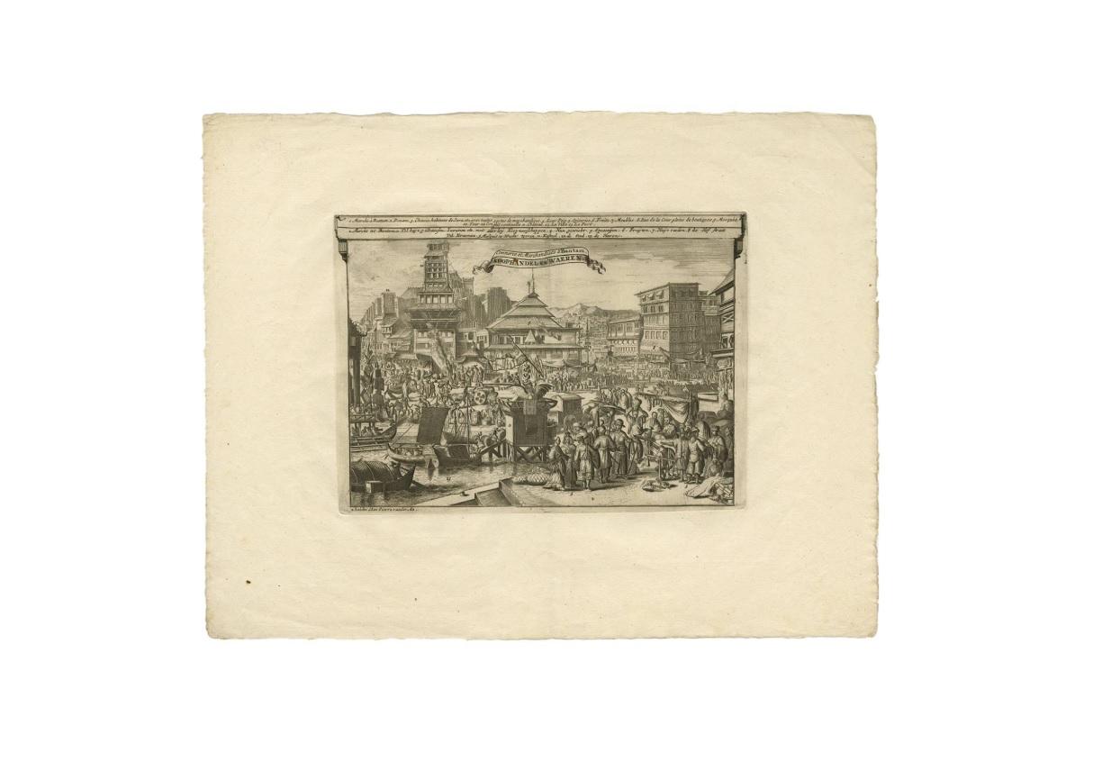 XVIIIe siècle Impression ancienne d'articles de commerce et de marchandises à Bantam, Indonésie, par P. Van Der Aa en vente