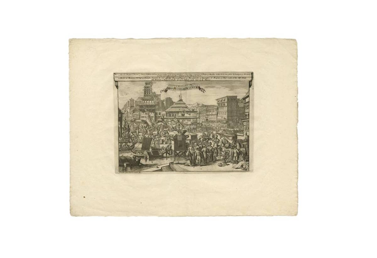 Antique Print of Trade and Merchandise at Bantam, Indonesia by P. Van Der Aa