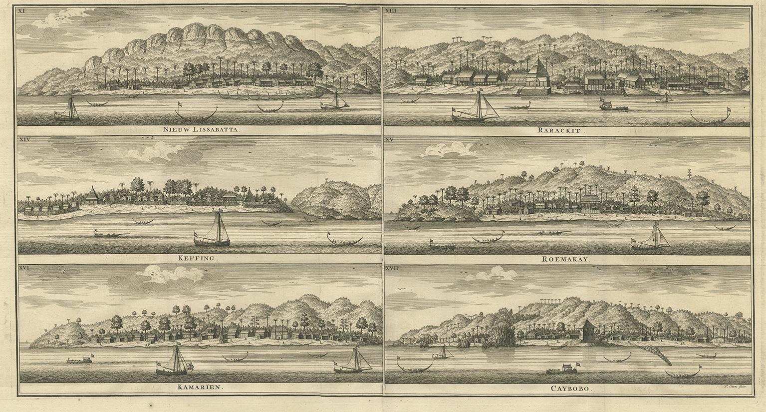 Antique print titled 'Nieuw Lissabatta, Keffing, Kamarïen, Rarackit, Roemakay, Caybobo'. This print shows various Dutch trading posts in Indonesia. This print originates from 'Oud en Nieuw Oost-Indiën' by F. Valentijn.