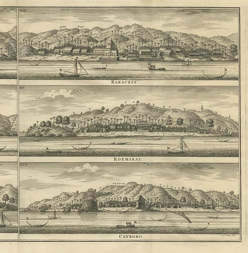 Antique Print of Trading Posts in Indonesia by Valentijn, 1726 In Good Condition For Sale In Langweer, NL