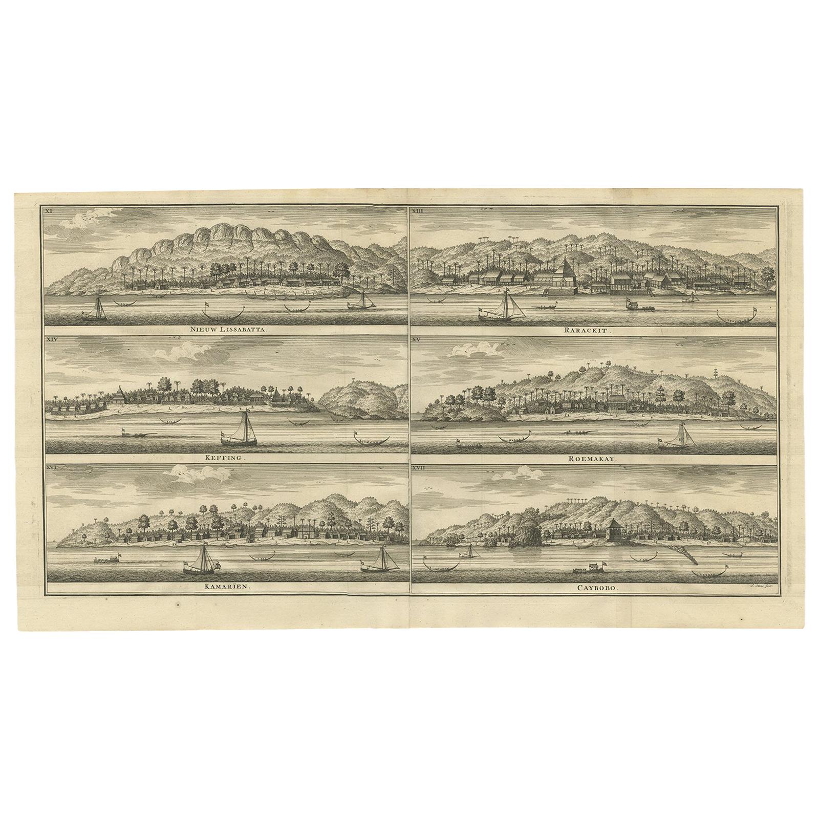 Impression ancienne de poteaux de commerce en Indonésie par Valentijn, 1726