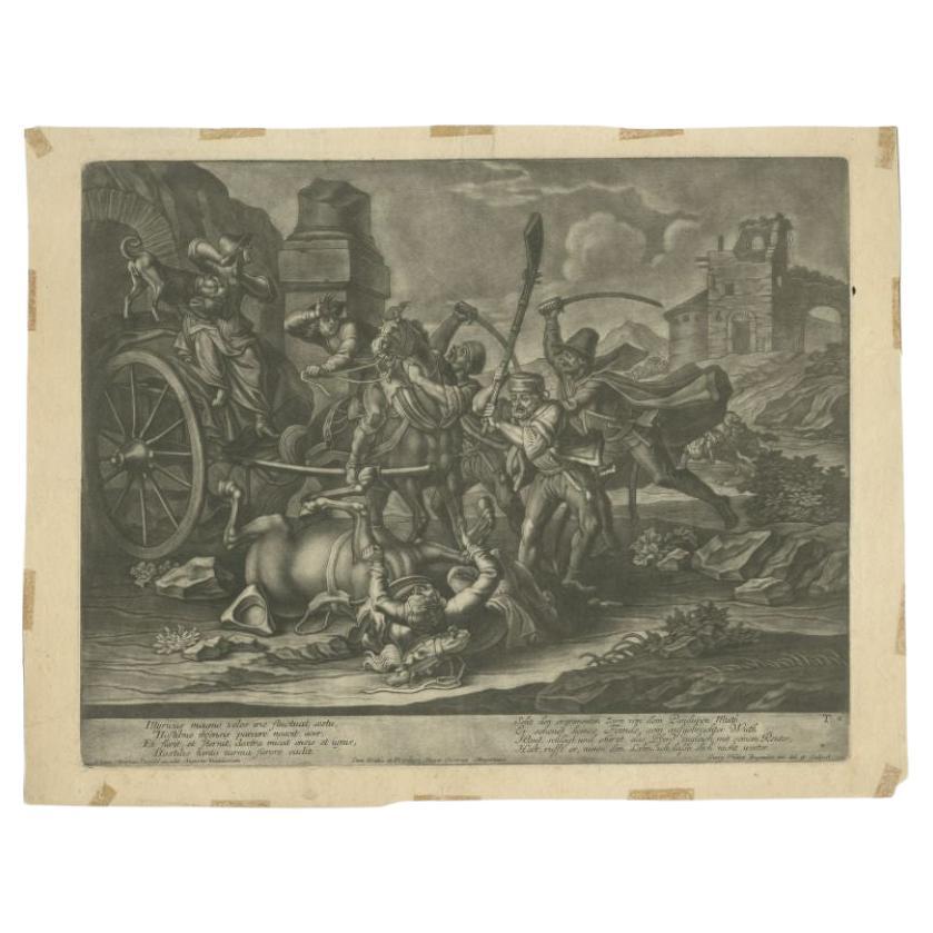 Antique print titled 'Illyricus magno veles irae fluctuat cestu (..)'. Mezzotint of travellers being robbed by bandits. 

Artists and Engravers: Made by Georg Philipp Rugendas (1666-1742). Published by Johann Christian Leopold.

Condition: Good,
