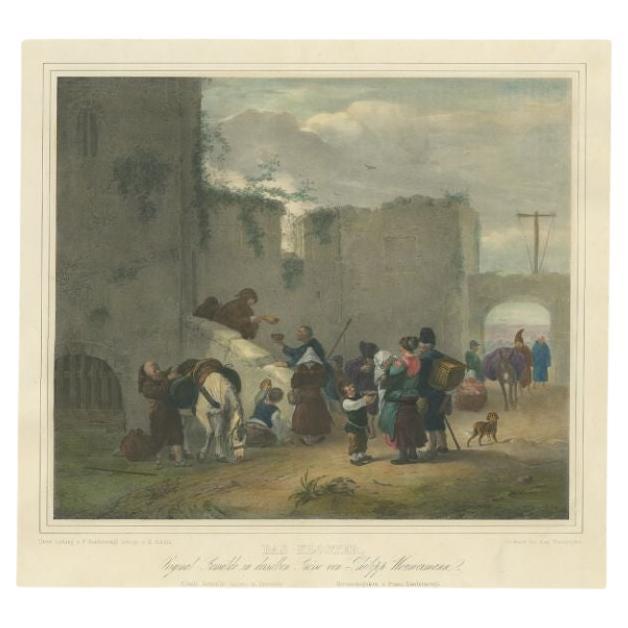 Antique print titled 'Das Kloster'. Lithograph, on chine collé, depicting travellers halting at a convent. 

Artists and Engravers: Published after a painting by P. Wouwerman.

Condition: Good, general age-related toning. Minor wear and foxing.