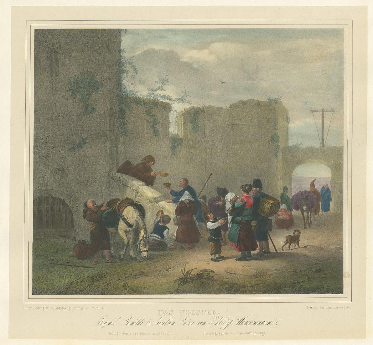 Antique print titled 'Das Kloster'. Lithograph, on chine collé, depicting travellers halting at a convent. Published after a painting by P. Wouwerman.