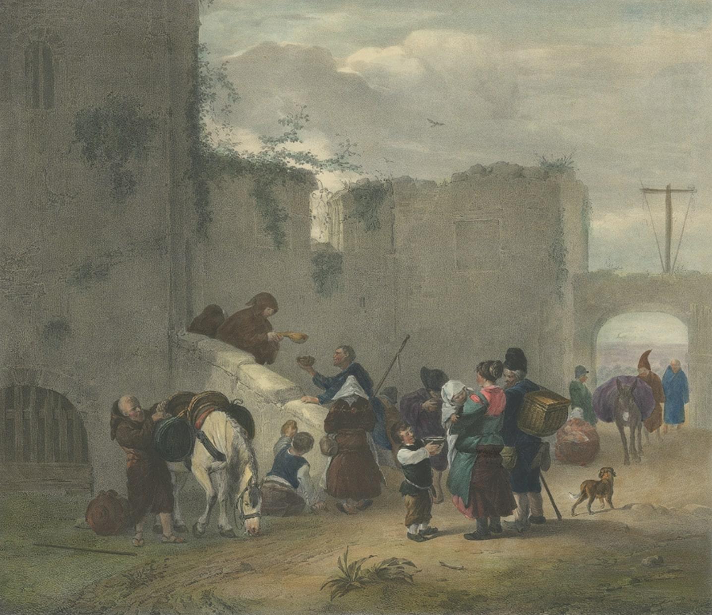 Paper Antique Print of Travellers Halting at Convent, C.1840 For Sale