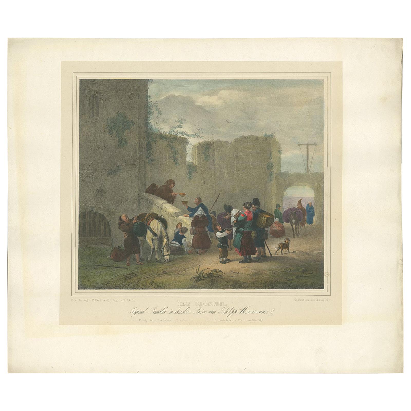 Antique Print of Travellers Halting at a Convent, circa 1840