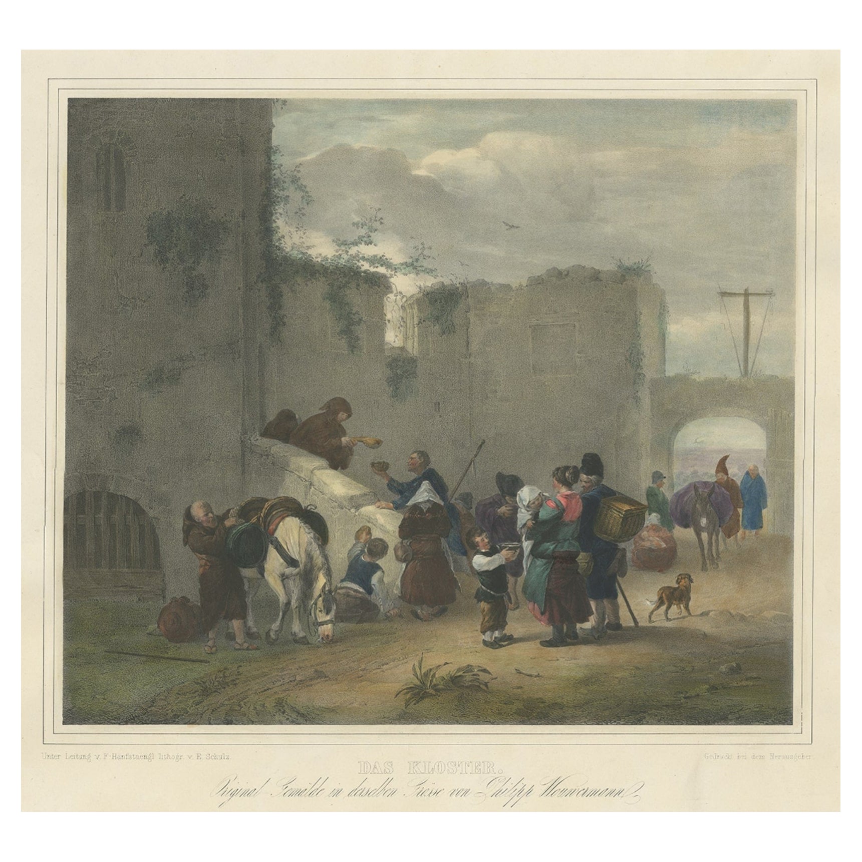 Stampa antica di viaggiatori che si fermano in un convento, 1840 ca.