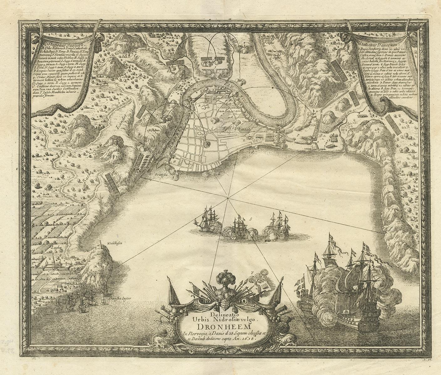 Antique print titled 'Delineatio Urbis Nidrosiae vulgo Dronheem'. This bird's-eye plan of Trondheim illustrates the attack on the city during the Dano-Swedish War. The siege began on September 28, 1658 with Dano-Norwegian forces attempting to