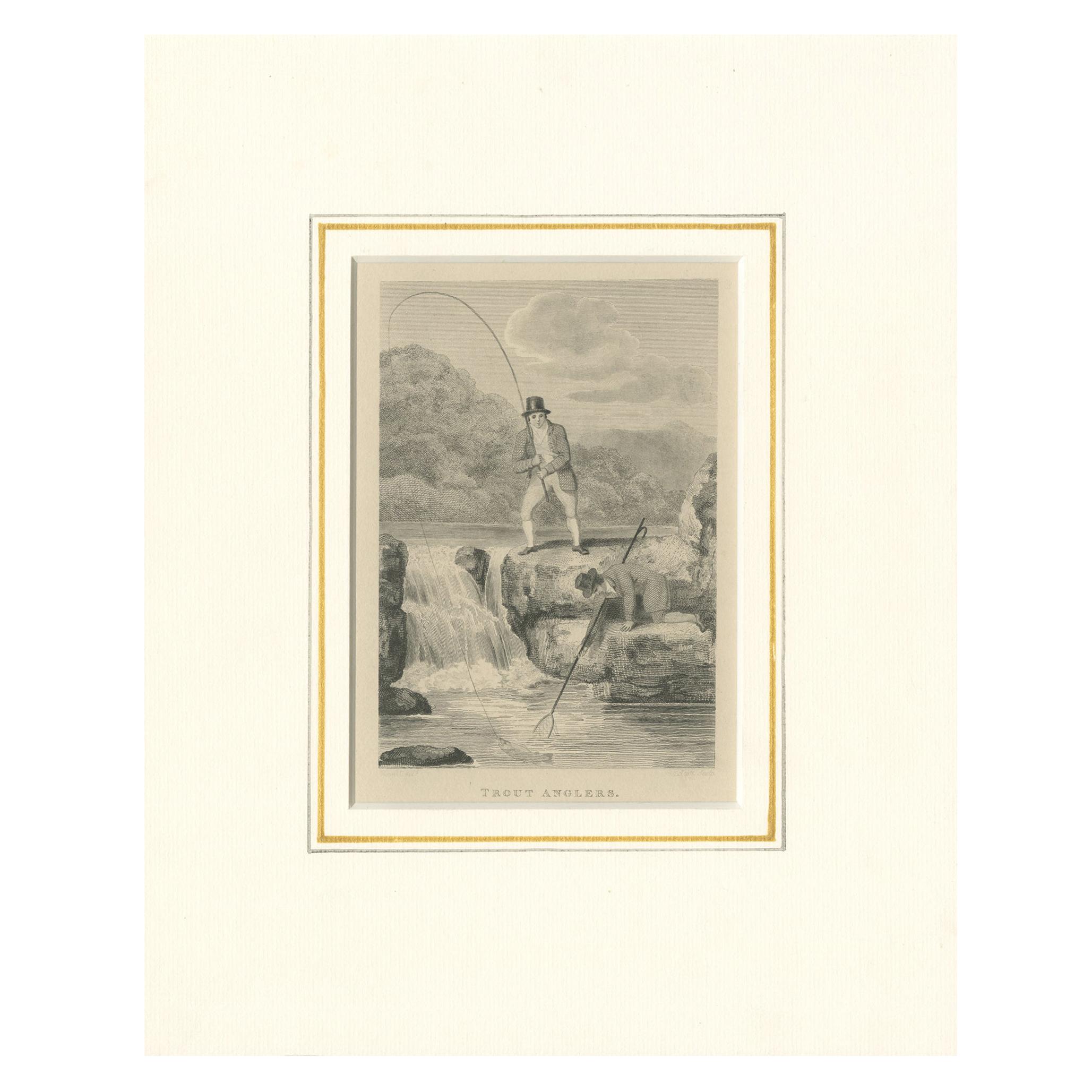 Stampa antica di pescatori di trote di Pittman del 1820 in vendita