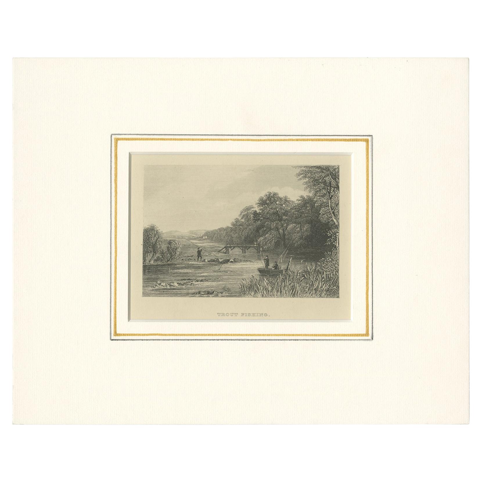 Antique Print of Trout Fishing, 'c.1860' For Sale