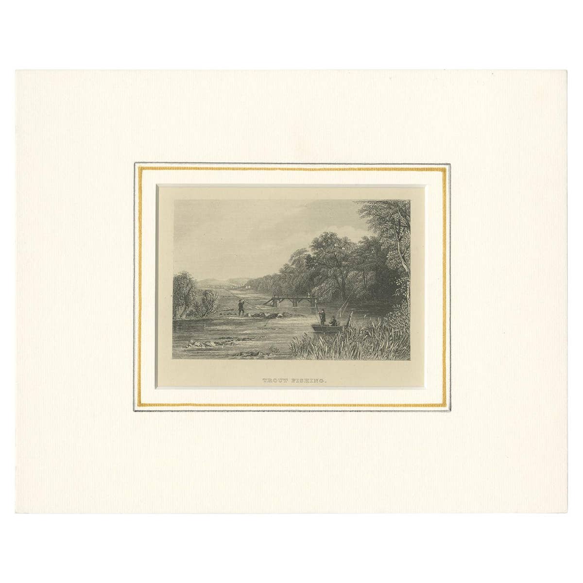 Antique Print of Trout Fishing, 'c.1860'
