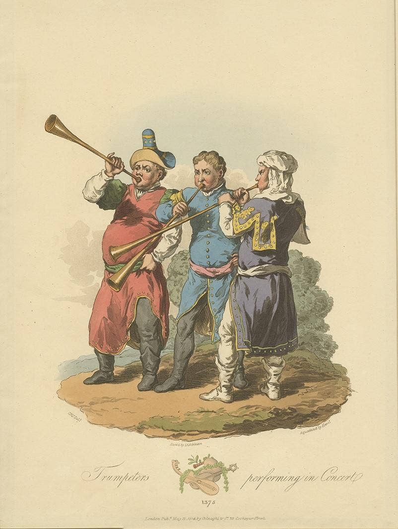 Antique Print of Trumpeters by Atkinson '1814'