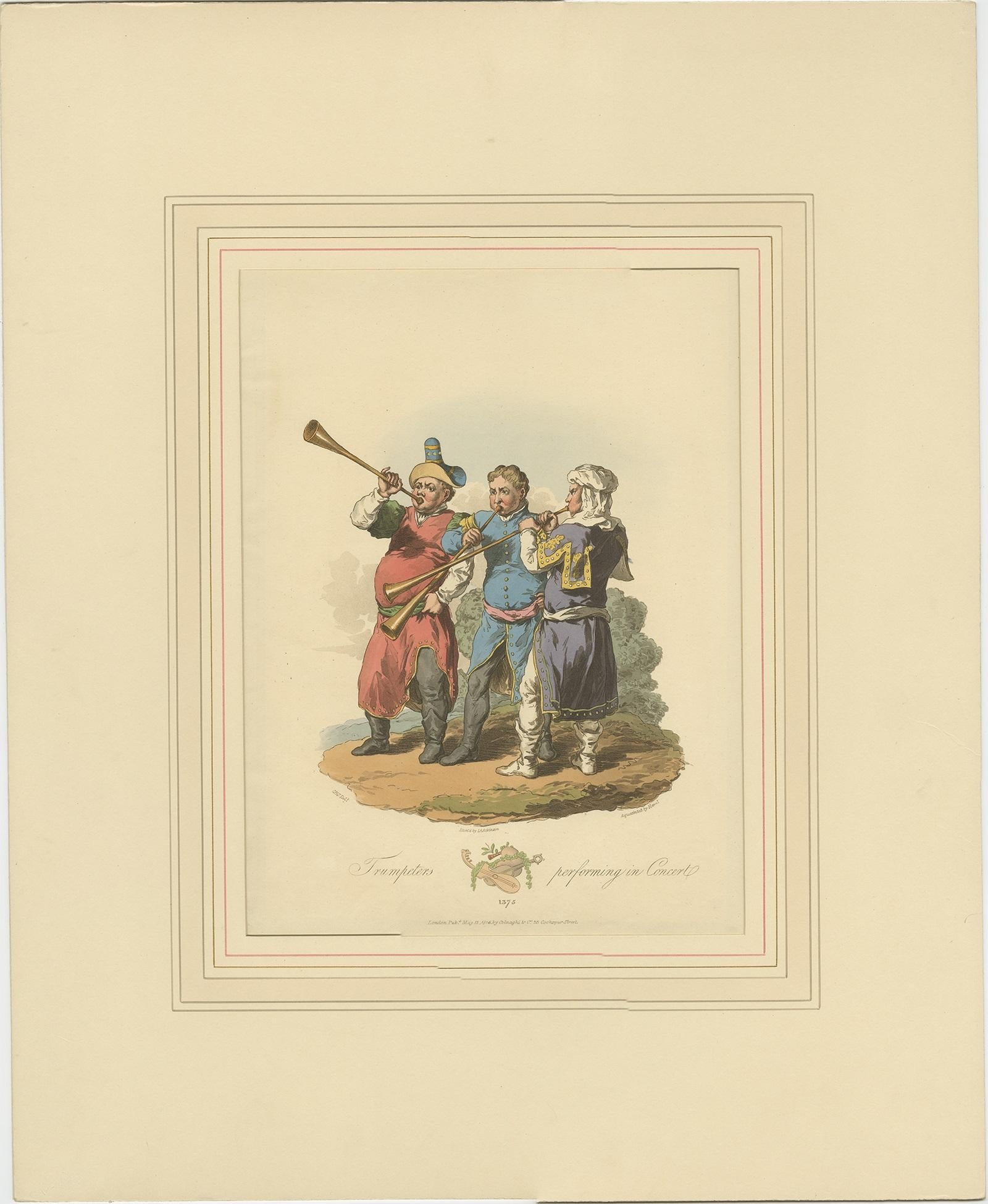 19th Century Antique Print of Trumpeters by Atkinson '1814' For Sale