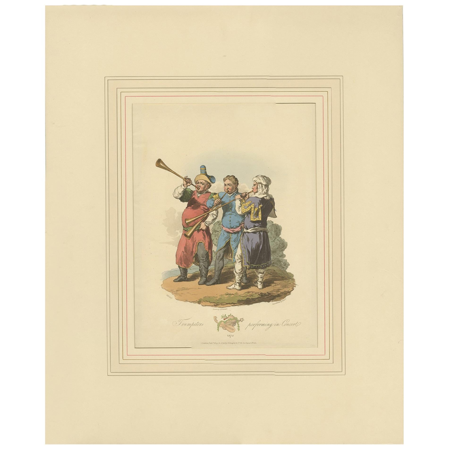 Antique Print of Trumpeters by Atkinson '1814' For Sale