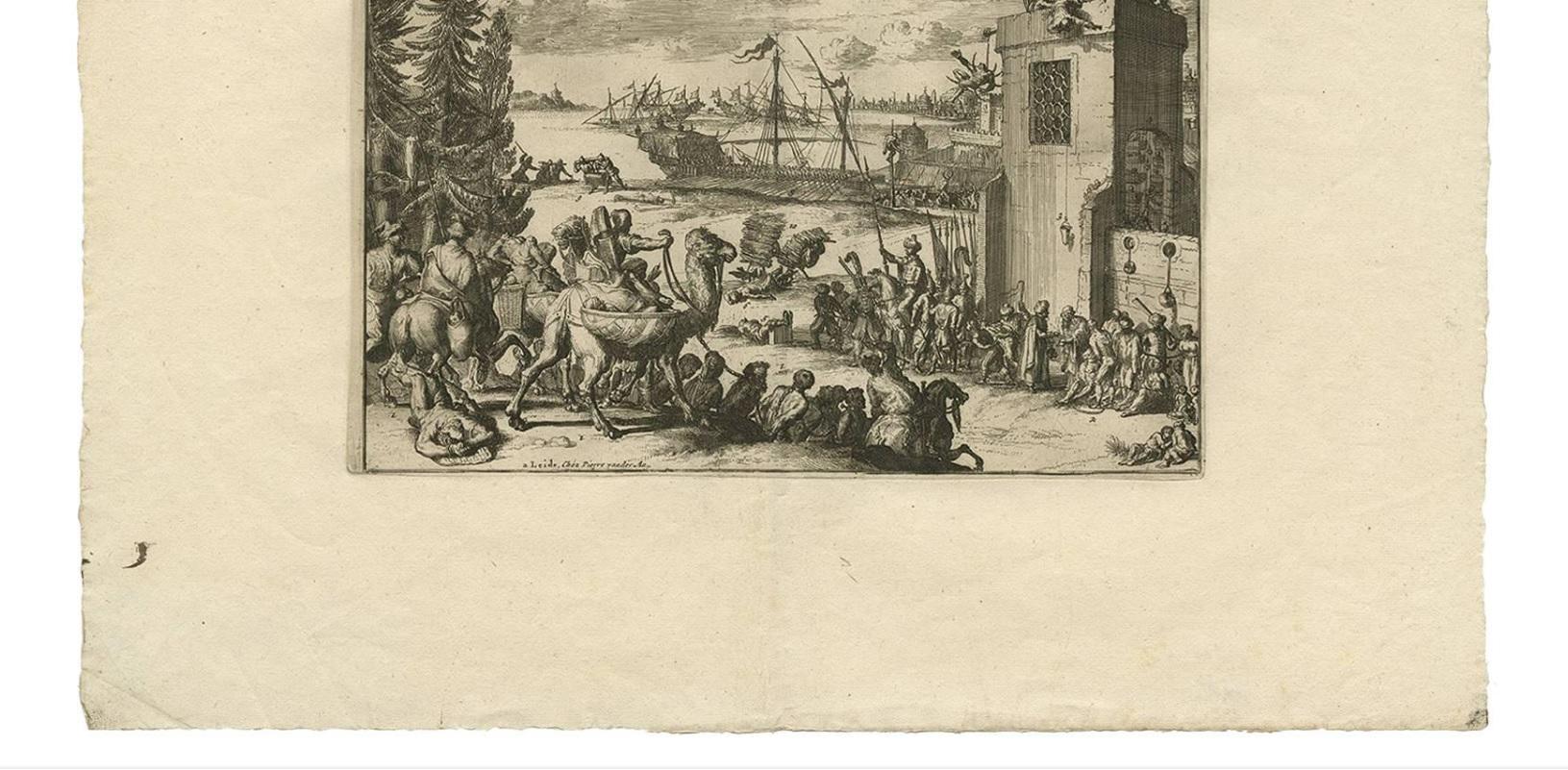 Rare antique print, in this scene: 1. Tatars with slaves and their cruelty. 2. Slave market. 3. Charity bag at the jail tower. 4. Their miserable life. 5. Feet punishment / torture. 6. Thrown before the birds. 7. Sticked. 8. Transported on a galley.