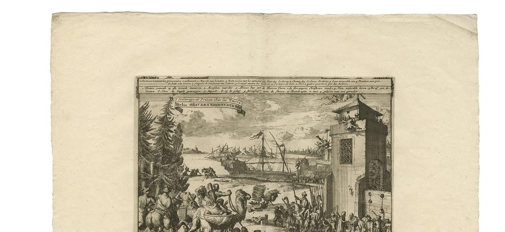 Impression ancienne de l'esclavage et du jail turc par P. van der Aa, vers 1725 Bon état - En vente à Langweer, NL