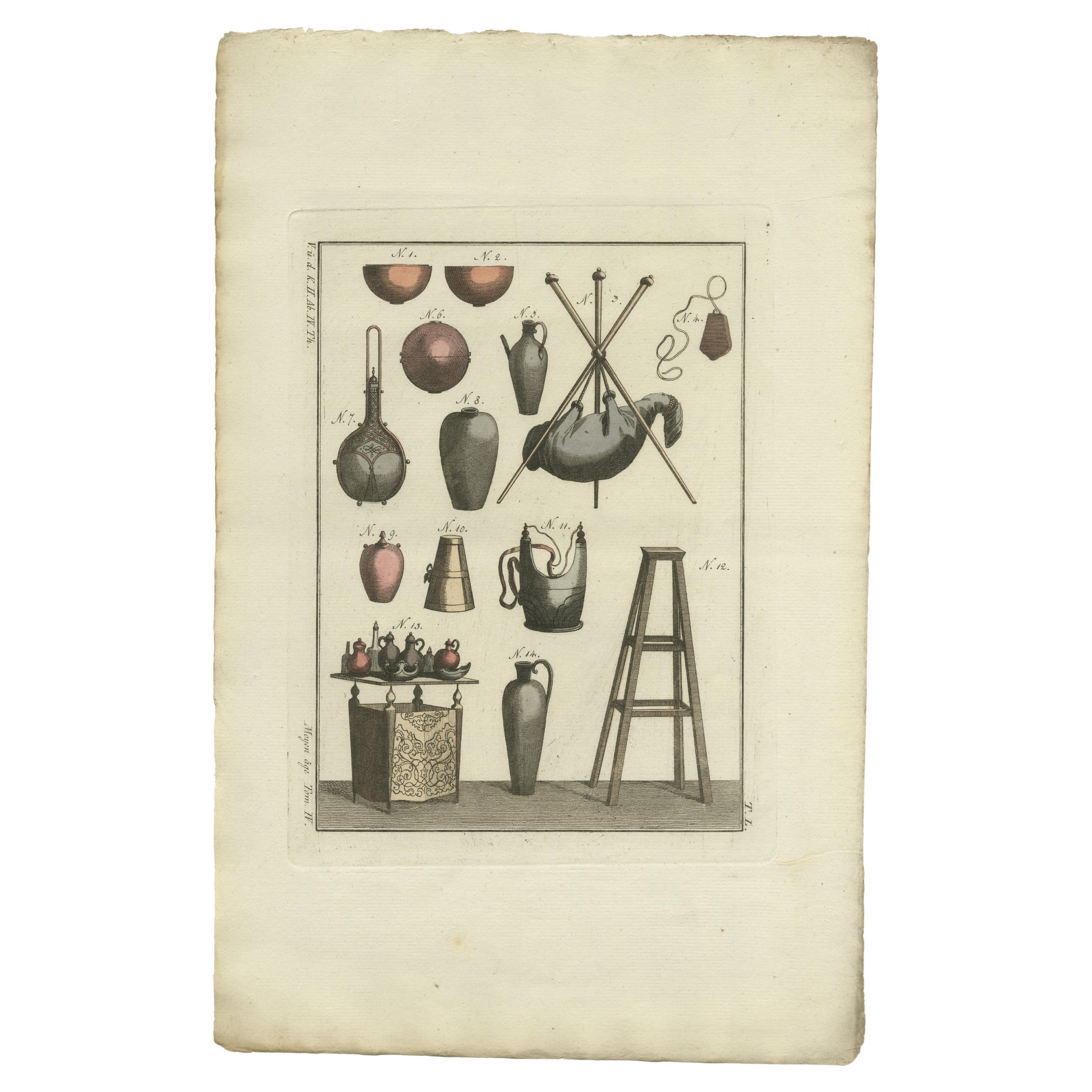 Antique Print of Turkish Utensils in the Middle Ages For Sale