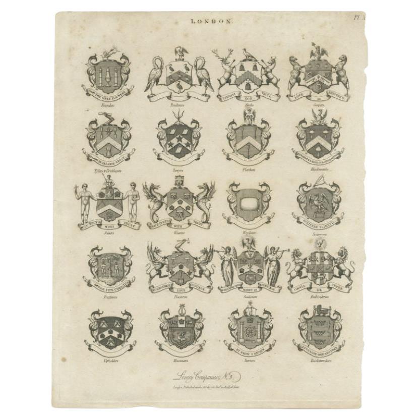 Antique Print of Twenty Livery Companies of London, England, C.1815