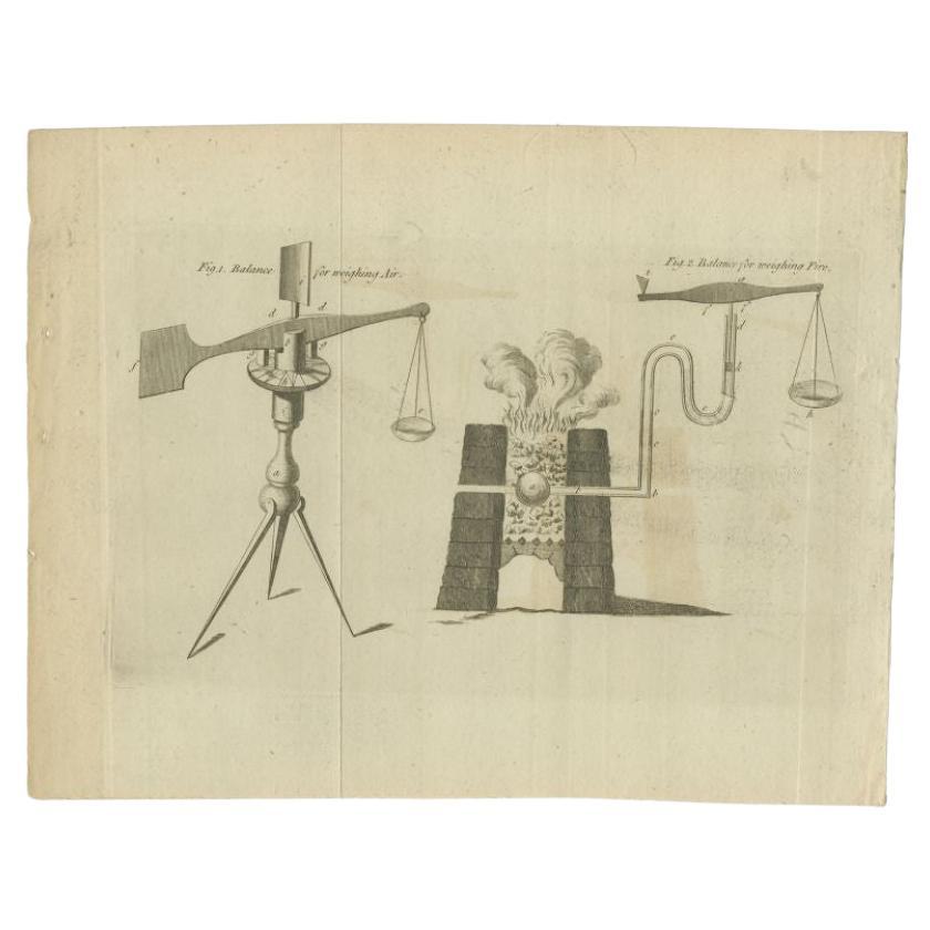 Antique print titled 'Balance for weighing air - Balance for weighing fire'. Copper engraving of two balances. Source unknown, to be determined. 

Artists and Engravers: Anonymous

Condition: Good, age-related toning. Original folding lines,