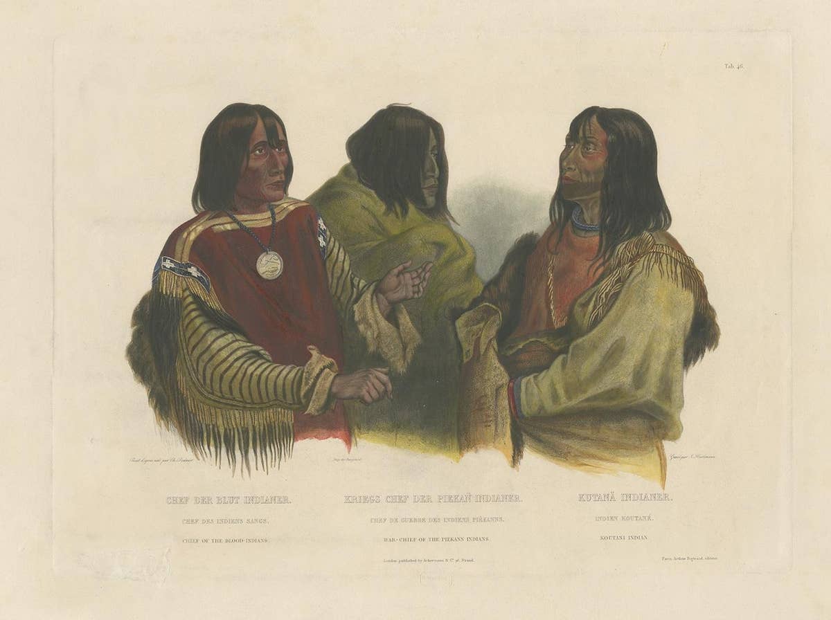 Antique Print of Two Blackfoot Chiefs and a Kutenai Leader Made after Bodmer