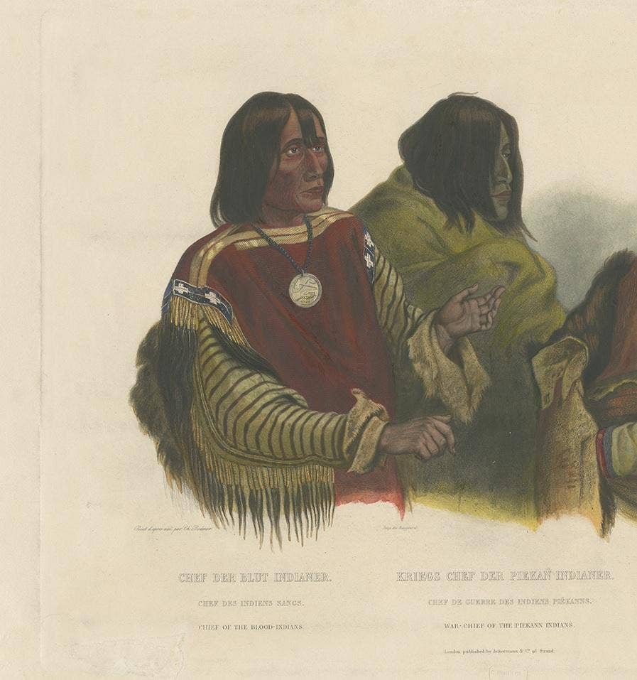 Antique Print of Two Blackfoot Chiefs and a Kutenai Leader Made after Bodmer