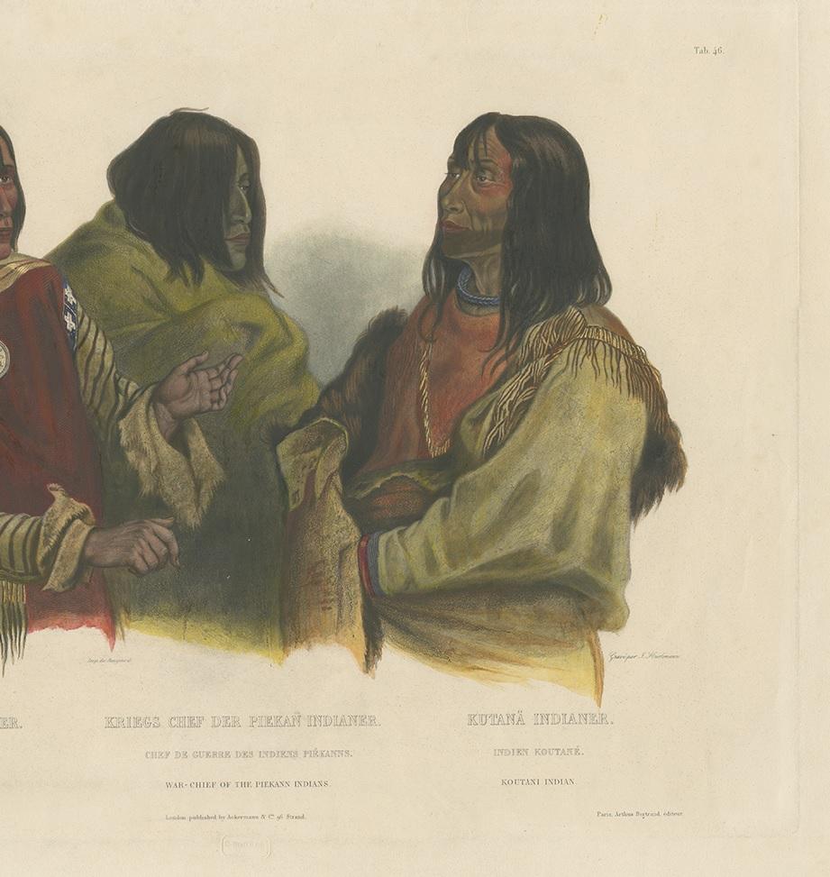 Antique Print of Two Blackfoot Chiefs and a Kutenai Leader Made after Bodmer In Good Condition For Sale In Langweer, NL