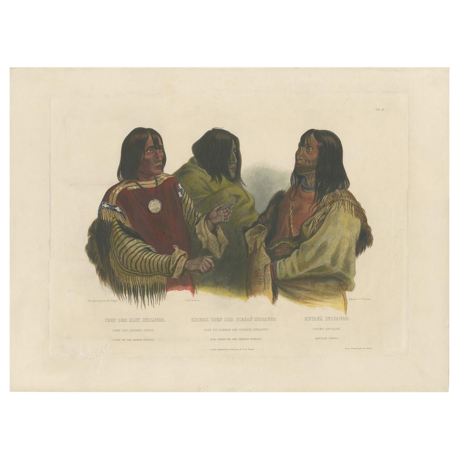 Antique Print of Two Blackfoot Chiefs and a Kutenai Leader Made after Bodmer For Sale