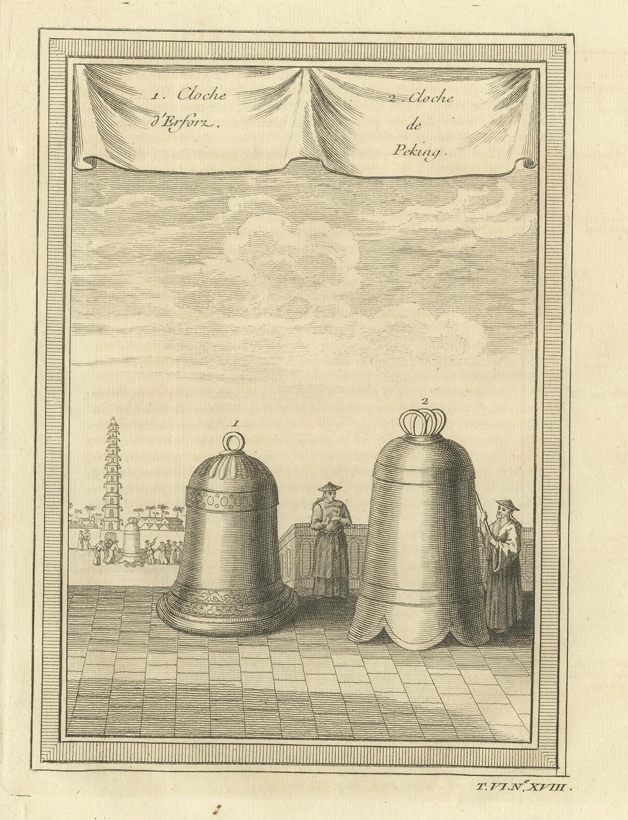 Antique print titled 'Cloche d'Erforz - Cloche de Peking'. Print of two Chinese bells, one from Peking (Beijing). This print originates from Prevost's 'Histoire Generale des Voyages'.