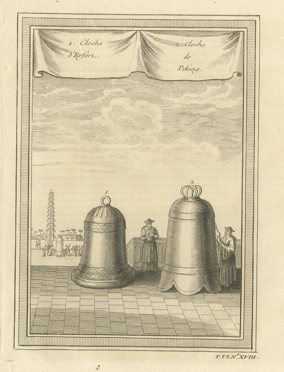 Antique Print of two Chinese Bells by Prévost '1748'