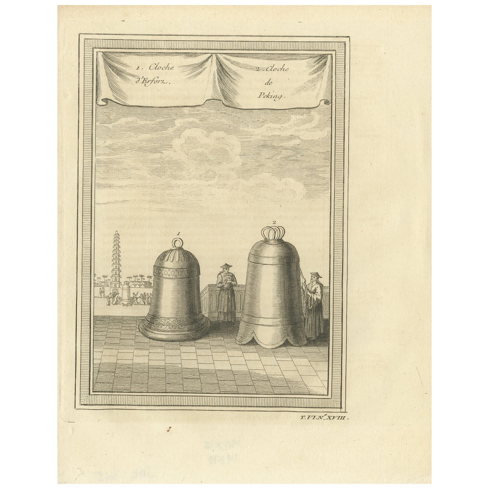 Antique Print of two Chinese Bells by Prévost '1748' For Sale