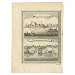 Antique Print of two Chinese Village Pau Ing Hyen with Windmills, China, 1748