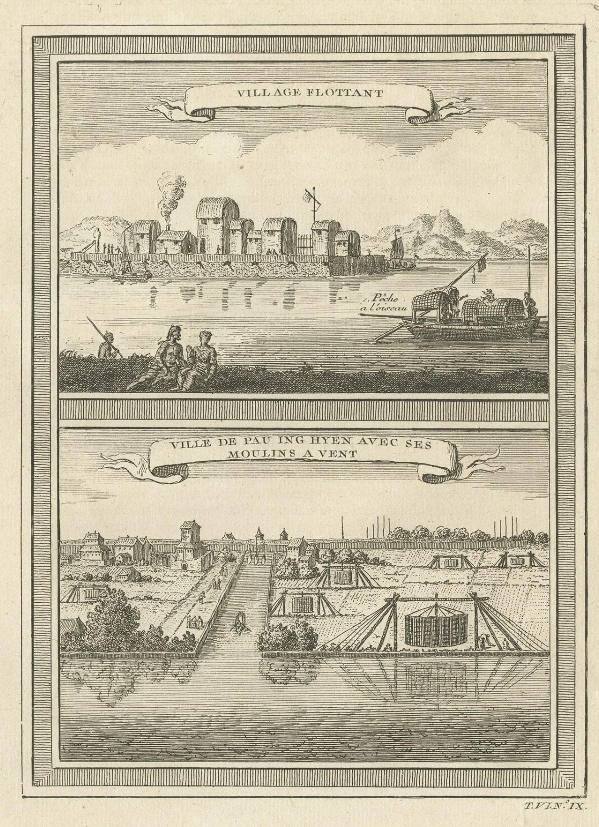 Grabado antiguo de dos aldeas chinas Pau Ing Hyen con molinos de viento, China, 1748 Papel en venta