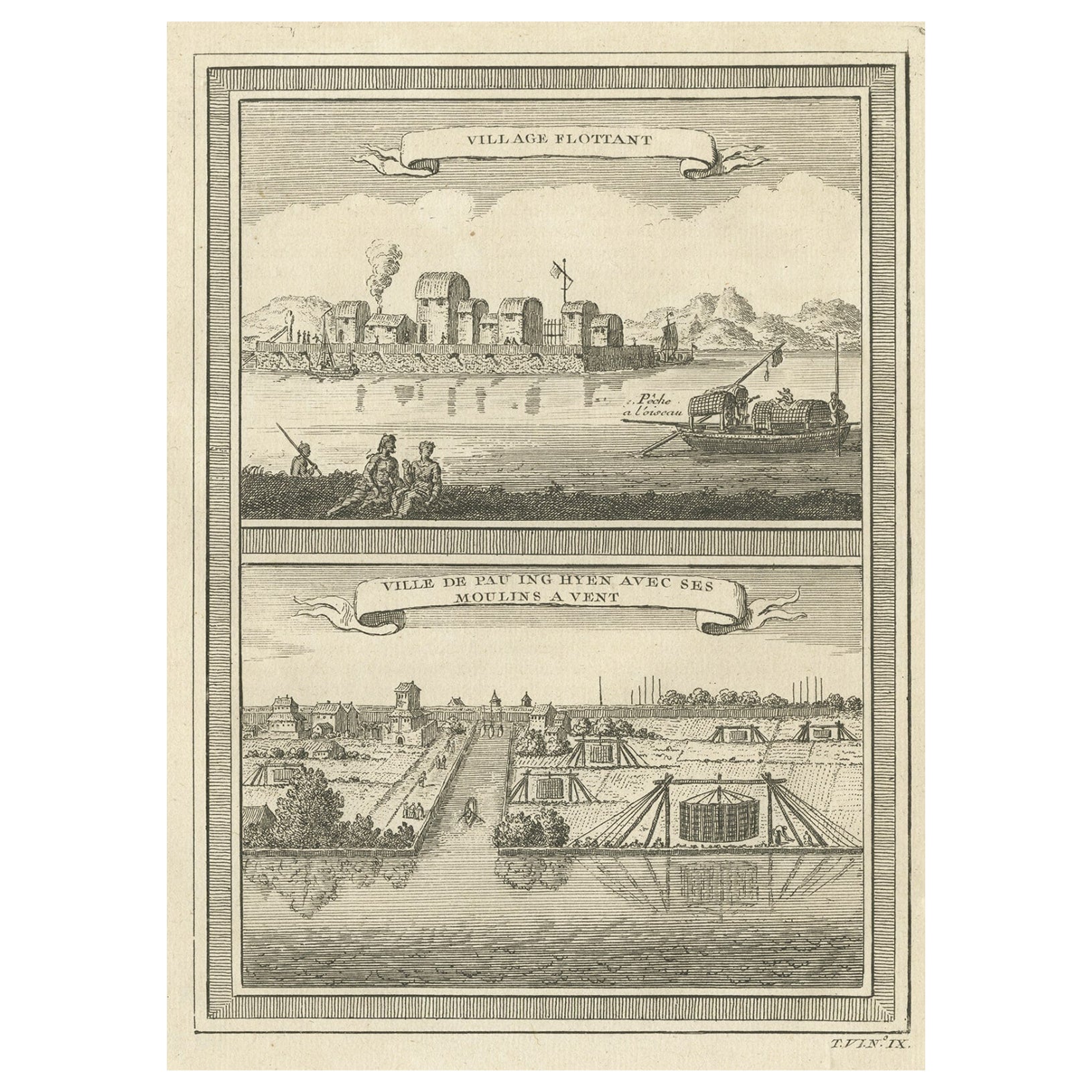 Impression ancienne de deux villages chinois Pau Ing Hyen avec des moulins à vent, Chine, 1748 en vente