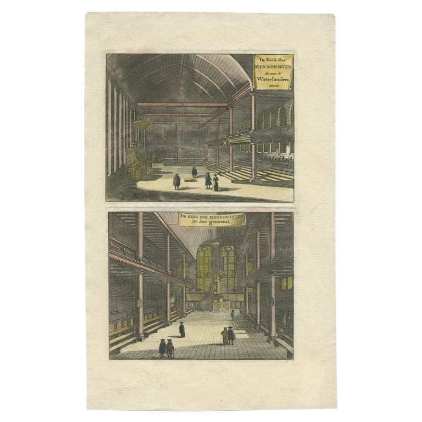 Antique Print of two Church Interiors in Amsterdam by Goeree, 1765 For Sale