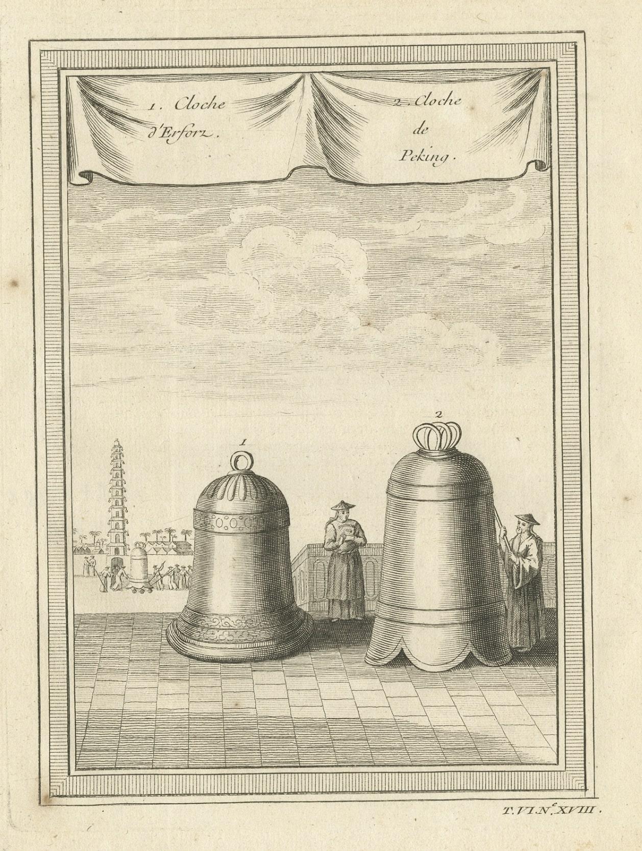 Paper Antique Print of two Huge Chinese Bells from Peking of Bejing, China, 1748 For Sale