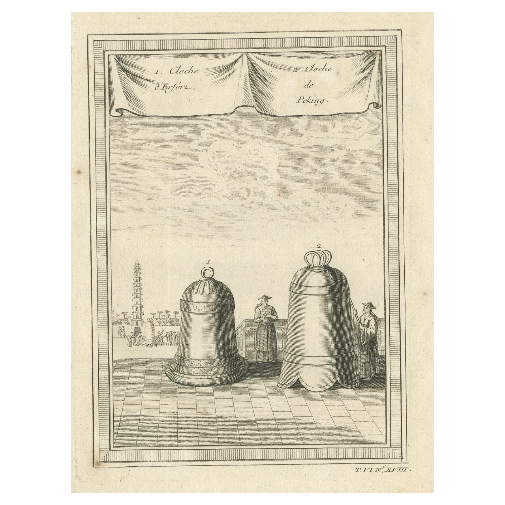 Impression ancienne de deux grandes cloches chinoises de Pékin de Pékin, en Chine, 1748 en vente