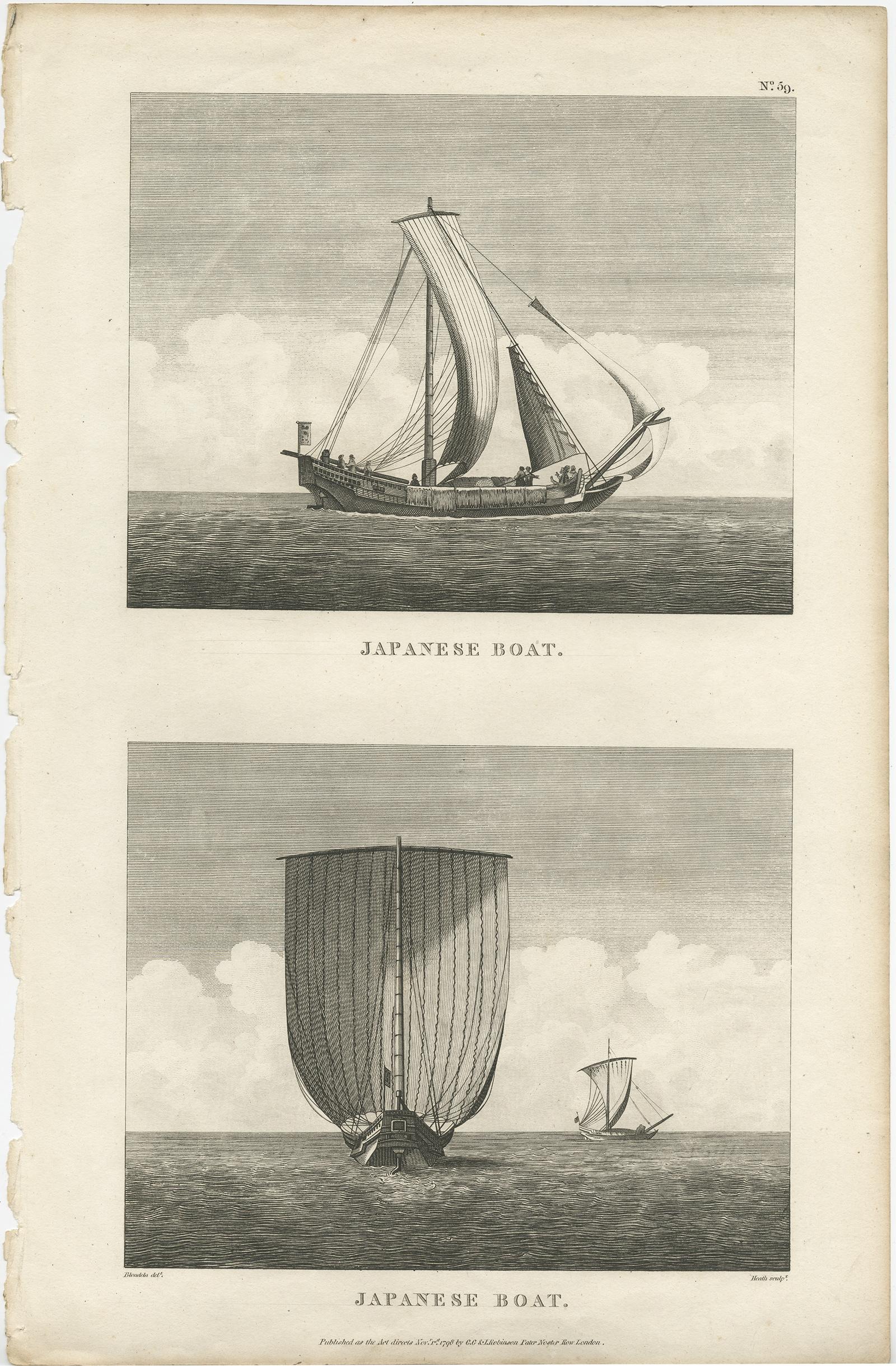 Description: Antique print titled 'Japanese boat'. Two views of Japanes boats. This print originates from 'Charts And Plates To La Perouse's Voyage'. 

Artists and Engravers: Jean-François de Galaup de La Pérouse (1741-1788) was a French Naval