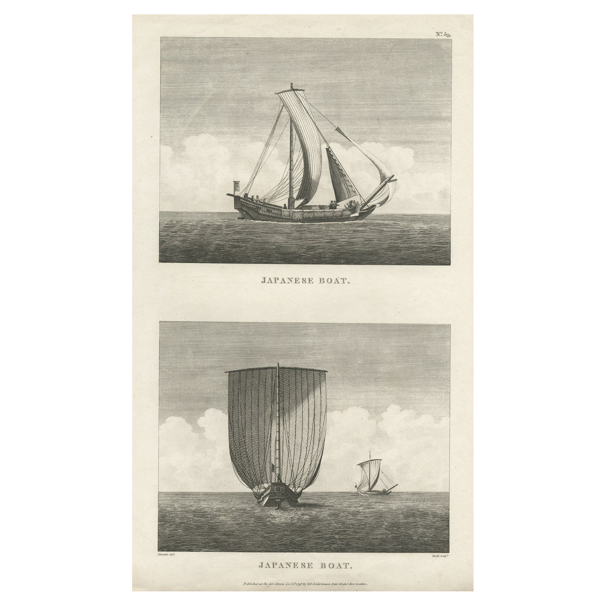 Impression ancienne de deux récipients japonais, 1799